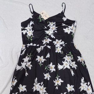 YATHON WHITE LILIES ON BLACK SPAGHETTI STRAPS SUMMER DRESS NWT WOMEN'S SIZE XL